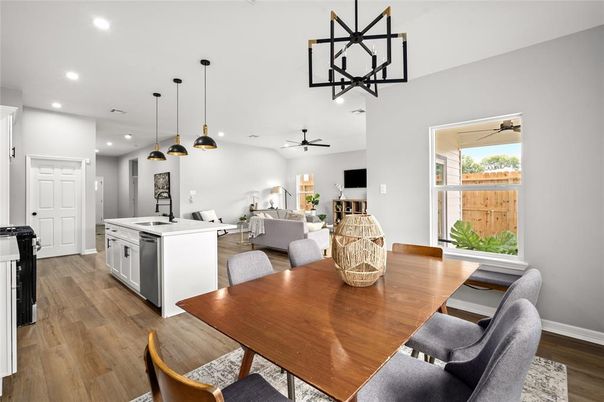 Dining room, Interior, Kitchen, Living room, Pendant Lights, Recessed Lighting, Wood Texture Flooring