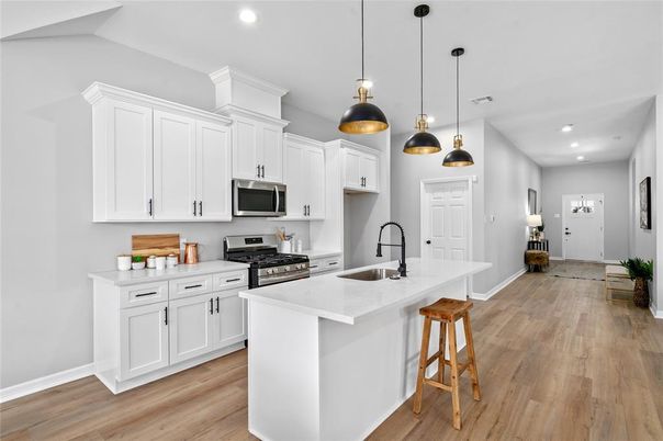 Interior, Kitchen, Pendant Lights, Recessed Lighting, Wood Texture Flooring