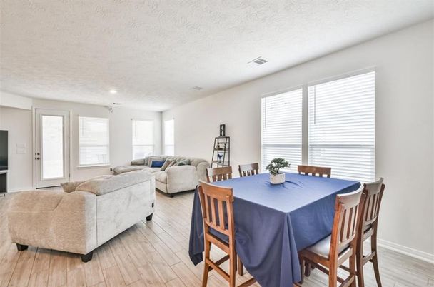 Dining room, Interior, Living room, Recessed Lighting, Wood Texture Flooring