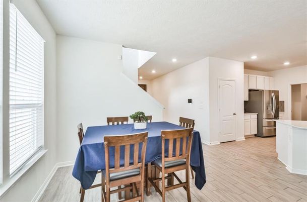 Dining room, Interior, Kitchen, Recessed Lighting, Wood Texture Flooring
