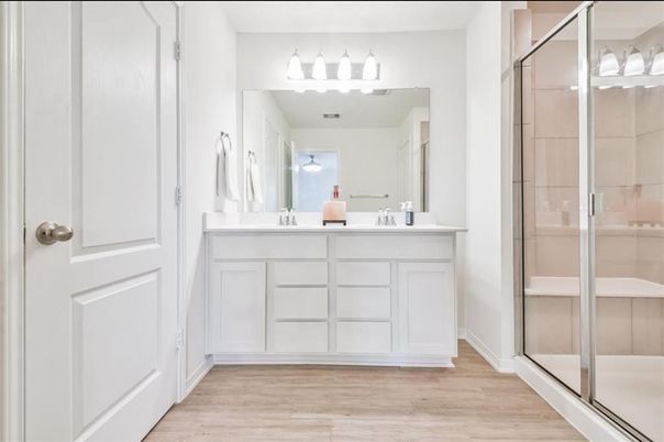 Bathroom, Glass Shower, Interior, Wood Texture Flooring