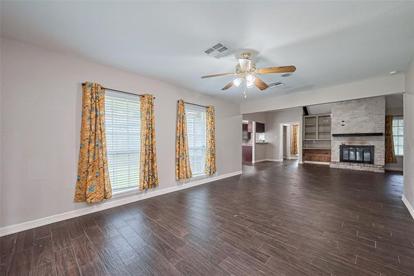 Empty room, Fireplace, Interior, Stone Walls, Wood Texture Flooring