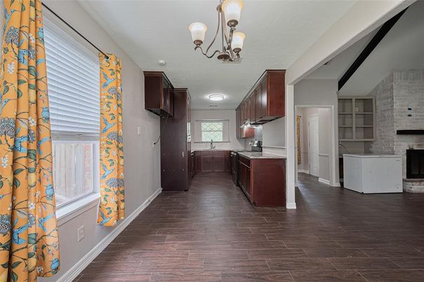 Chandelier, Interior, Kitchen, Pendant Lights, Stone Walls, Wood Texture Flooring