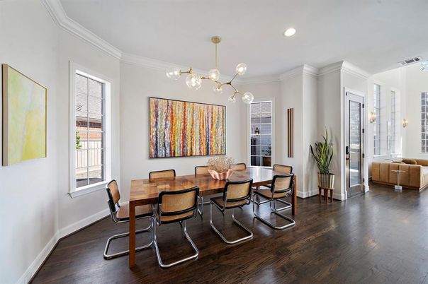 Dining room, Interior, Pendant Lights, Recessed Lighting, Wood Texture Flooring