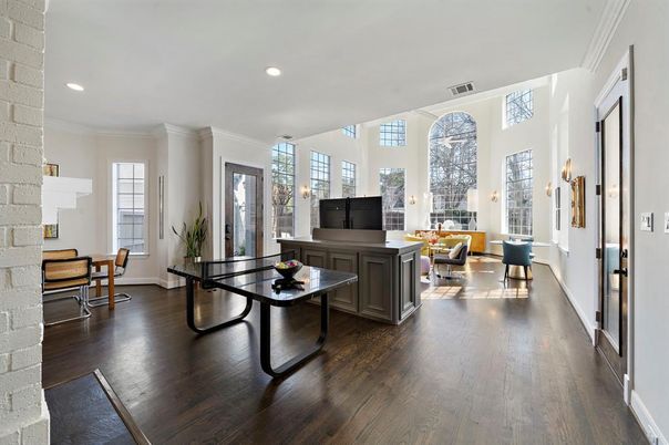 Dining room, Interior, Living room, Recessed Lighting, Wood Texture Flooring