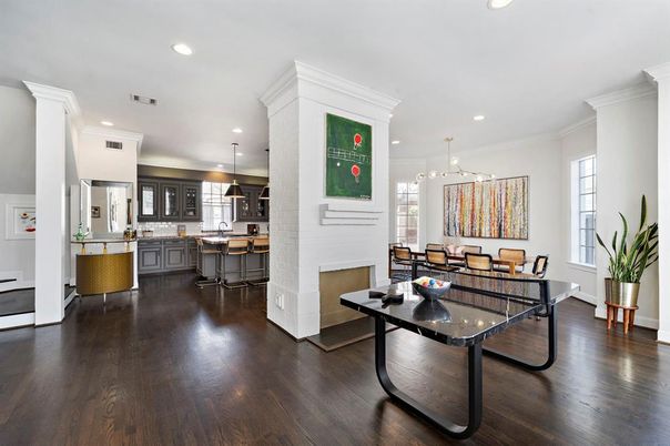 Dining room, Interior, Kitchen, Pendant Lights, Recessed Lighting, Wood Texture Flooring