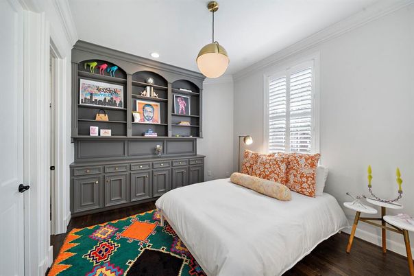 Bedroom, Interior, Pendant Lights, Recessed Lighting, Wood Texture Flooring