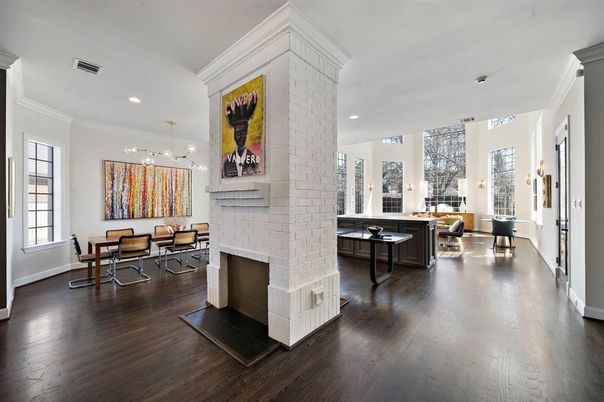 Dining room, Fireplace, Interior, Pendant Lights, Recessed Lighting, Stone Walls, Wood Texture Flooring