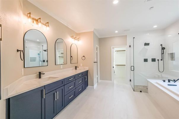 Bathroom, Dual Sink Vanities, Glass Shower, Interior, Recessed Lighting