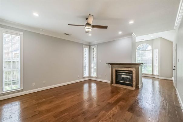 Empty room, Fireplace, Interior, Recessed Lighting, Wood Texture Flooring