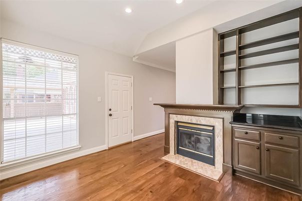 Fireplace, Interior, Recessed Lighting, Wood Texture Flooring