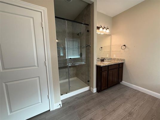 Bathroom, Glass Shower, Interior, Wood Texture Flooring