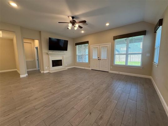 Empty room, Fireplace, Interior, Recessed Lighting, Wood Texture Flooring