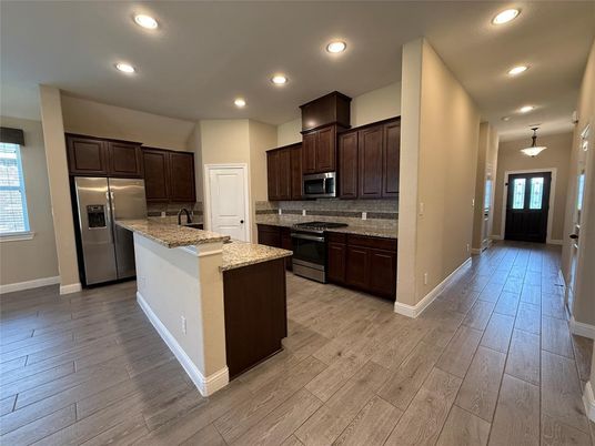 Interior, Kitchen, Pendant Lights, Recessed Lighting, Stainless Steel Appliances, Wood Texture Flooring