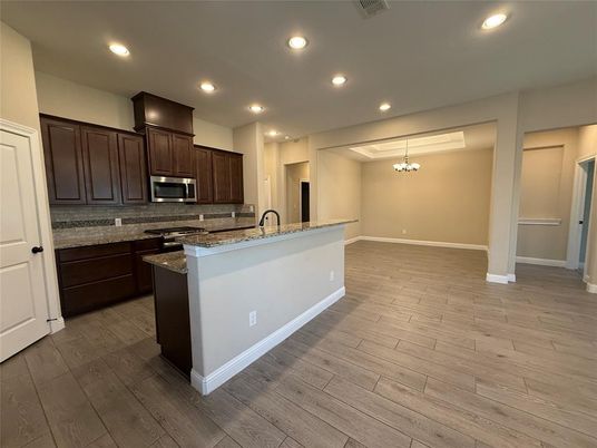 Chandelier, Interior, Kitchen, Recessed Lighting, Wood Texture Flooring