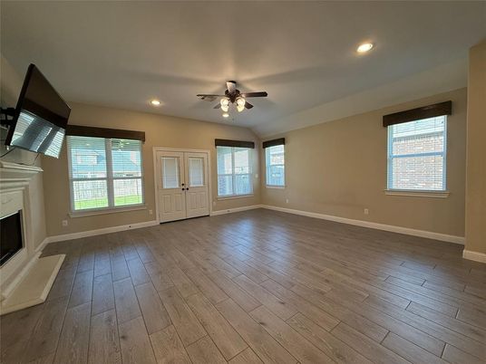 Empty room, Fireplace, Interior, Recessed Lighting, Wood Texture Flooring