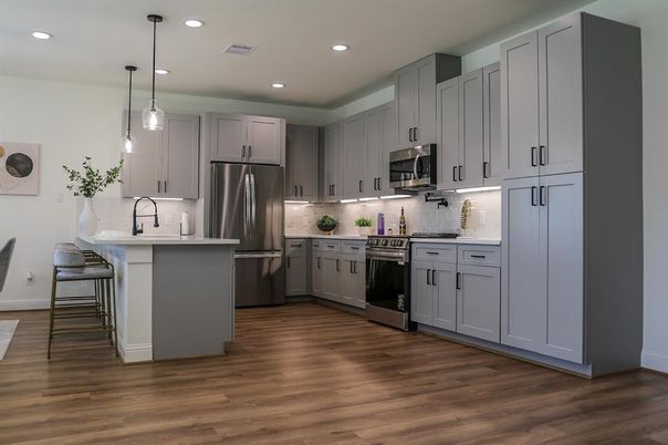 Interior, Kitchen, Pendant Lights, Recessed Lighting, Stainless Steel Appliances, Wood Texture Flooring