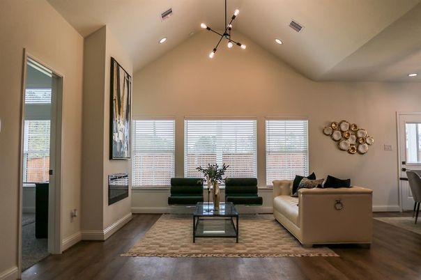 Interior, Living room, Pendant Lights, Recessed Lighting, Wood Texture Flooring