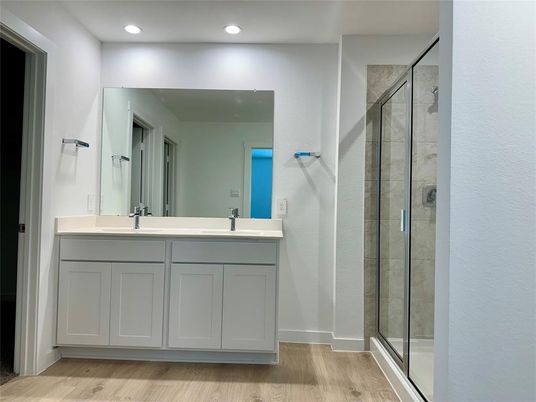 Bathroom, Glass Shower, Interior, Recessed Lighting, Wood Texture Flooring
