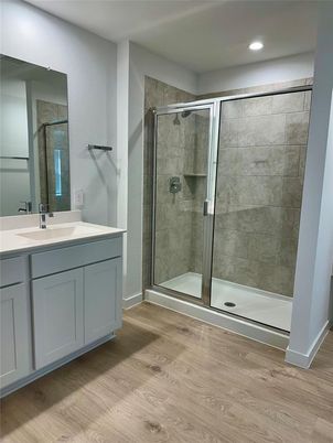 Bathroom, Glass Shower, Interior, Recessed Lighting, Wood Texture Flooring