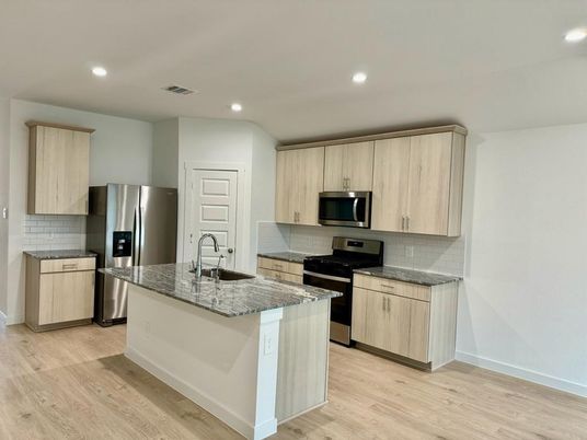 Interior, Kitchen, Recessed Lighting, Stainless Steel Appliances, Wood Texture Flooring