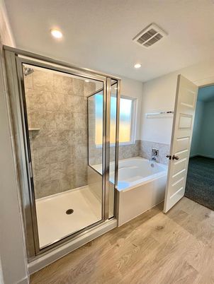 Bathroom, Glass Shower, Interior, Recessed Lighting, Wood Texture Flooring