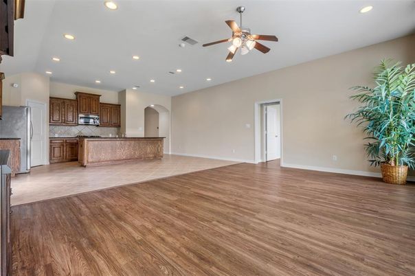 Empty room, Interior, Kitchen, Recessed Lighting, Wood Texture Flooring