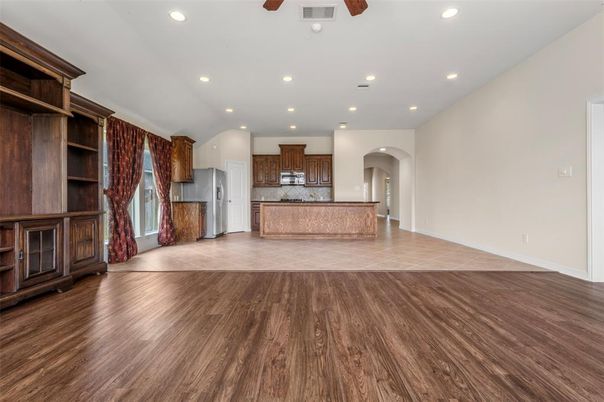 Empty room, Interior, Kitchen, Recessed Lighting, Wood Texture Flooring