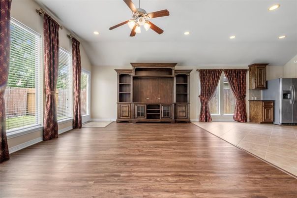 Empty room, Interior, Kitchen, Recessed Lighting, Wood Texture Flooring