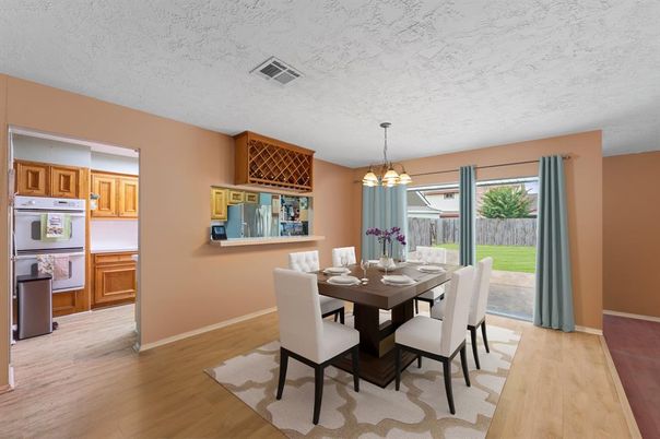 Dining room, Interior, Kitchen, Pendant Lights, Wood Texture Flooring