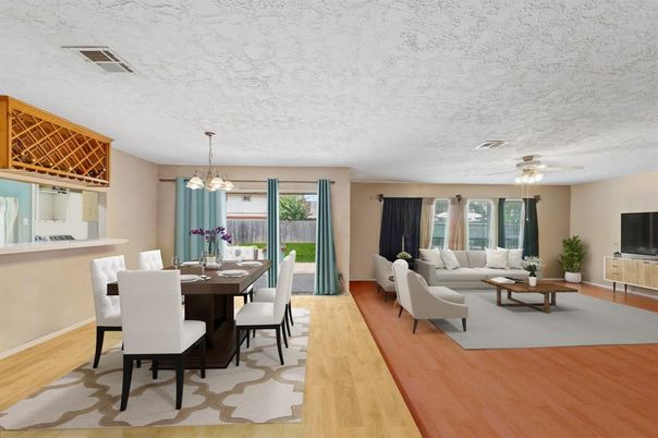 Dining room, Interior, Living room, Pendant Lights, Wood Texture Flooring