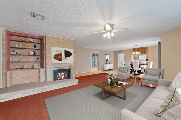Chandelier, Dining room, Fireplace, Interior, Living room, Pendant Lights, Wood Texture Flooring