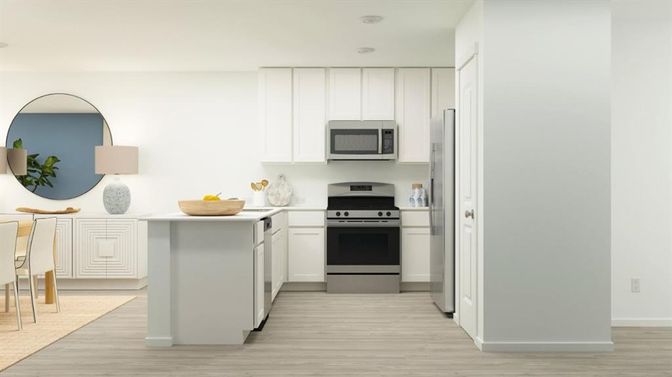 Interior, Kitchen, Recessed Lighting, Stainless Steel Appliances, Wood Texture Flooring
