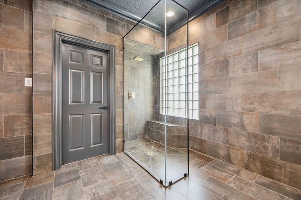 Bathroom, Glass Shower, Interior, Recessed Lighting, Wooden Walls