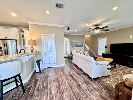 Interior, Kitchen, Living room, Recessed Lighting, Stainless Steel Appliances, Wood Texture Flooring