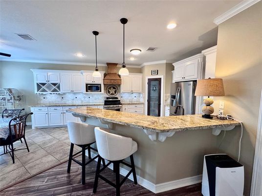 Interior, Kitchen, Pendant Lights, Recessed Lighting, Stainless Steel Appliances, Wood Texture Flooring
