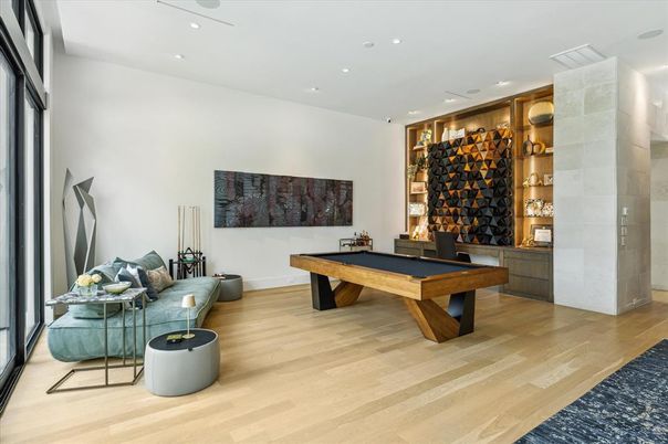 Billiard Table, Game Room, Interior, Recessed Lighting, Wine Storage, Wood Texture Flooring