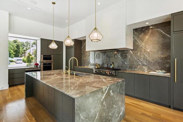Interior, Kitchen, Marble Walls, Pendant Lights, Recessed Lighting, Stainless Steel Appliances, Wood Texture Flooring