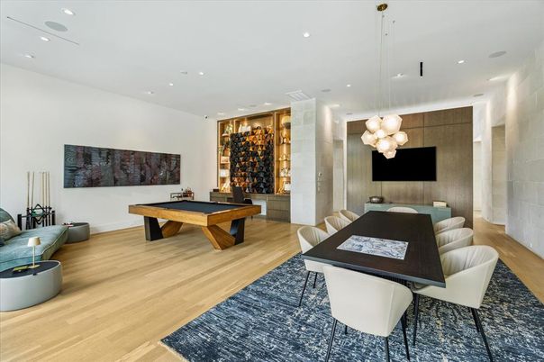 Billiard Table, Dining room, Game Room, Interior, Pendant Lights, Recessed Lighting, Wine Storage, Wood Texture Flooring