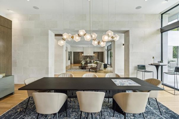 Dining room, Interior, Kitchen, Pendant Lights, Recessed Lighting, Stone Walls, Wood Texture Flooring
