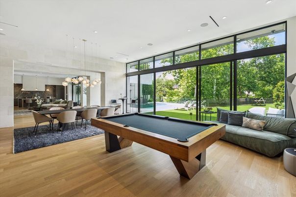 Billiard Table, Chandelier, Dining room, Game Room, Interior, Pendant Lights, Recessed Lighting, Wood Texture Flooring
