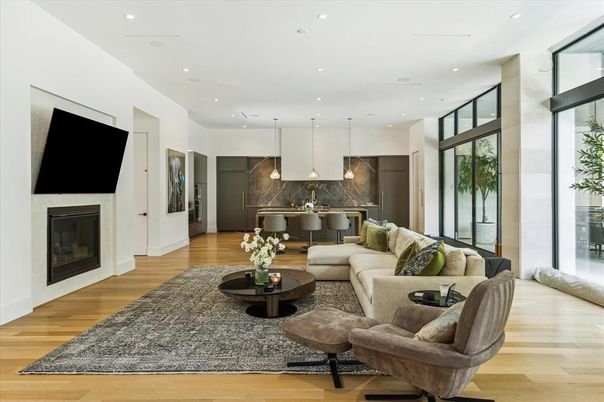 Fireplace, Interior, Kitchen, Living room, Marble Walls, Pendant Lights, Recessed Lighting, Wood Texture Flooring