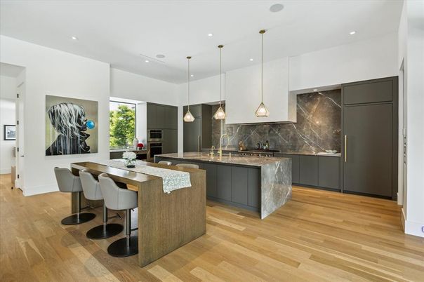 Interior, Kitchen, Marble Walls, Pendant Lights, Recessed Lighting, Wood Texture Flooring