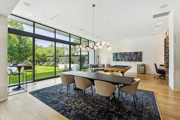 Billiard Table, Dining room, Game Room, Interior, Pendant Lights, Recessed Lighting, Wood Texture Flooring