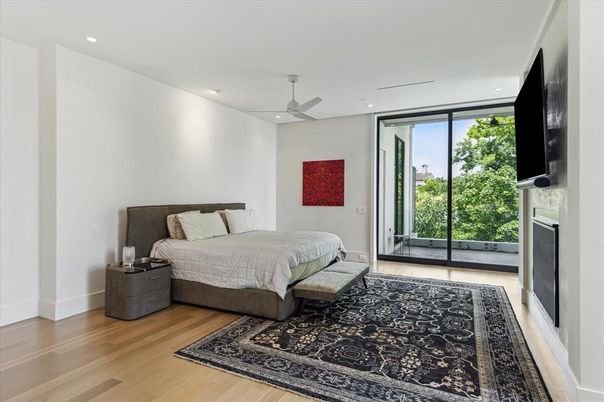 Bedroom, Fireplace, Interior, Recessed Lighting, Wood Texture Flooring