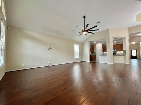 Empty room, Interior, Kitchen, Recessed Lighting, Wood Texture Flooring
