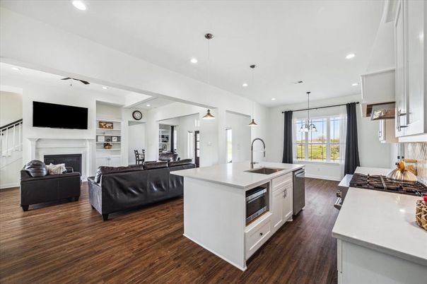 Fireplace, Interior, Kitchen, Living room, Pendant Lights, Recessed Lighting, Wood Texture Flooring