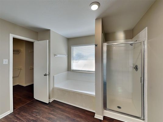 Bathroom, Glass Shower, Interior, Walk-in Closets, Wood Texture Flooring