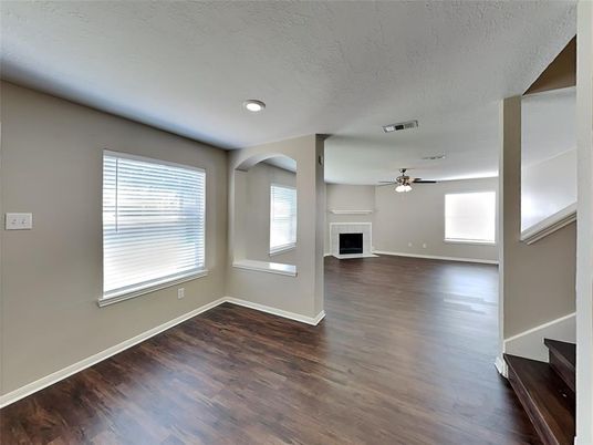 Empty room, Fireplace, Interior, Recessed Lighting, Wood Texture Flooring