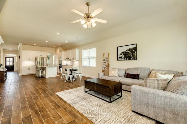 Dining room, Interior, Kitchen, Living room, Recessed Lighting, Stainless Steel Appliances, Wood Texture Flooring